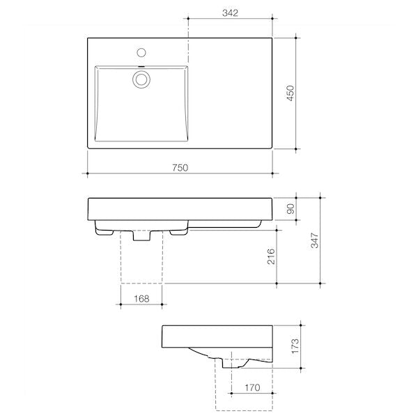Liano Nexus 750 Wall Basin RHS 1TH