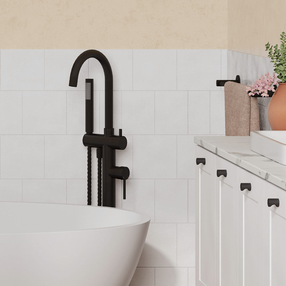 Kaya Floor Mounted Bath Mixer With Hand Shower, Matte Black