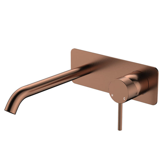 Kaya Basin/Bath Wall Mixer Set, Rectangular Plate, 200mm Outlet, Brushed Copper