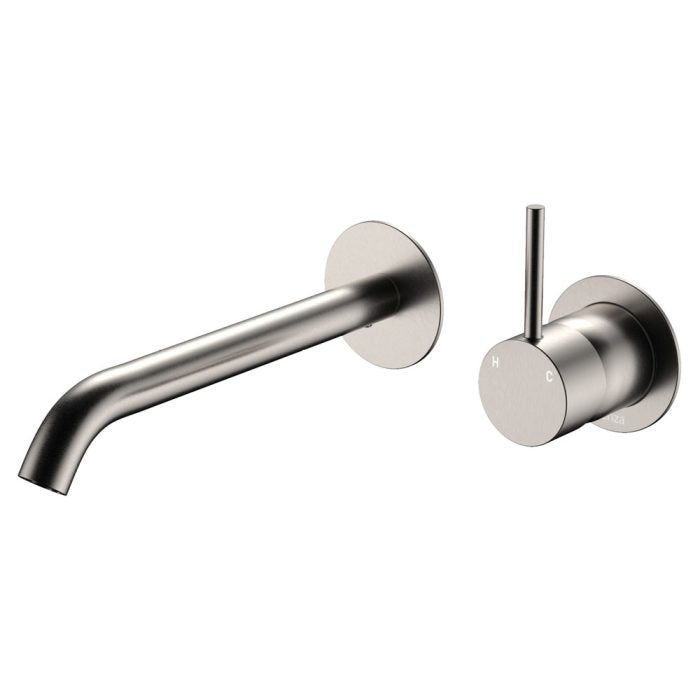 Kaya Up Basin/Bath Wall Mixer Set, Round Plates, 200mm Outlet, Brushed Nickel