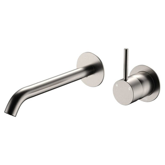 Kaya Up Basin/Bath Wall Mixer Set, Round Plates, 200mm Outlet, Brushed Nickel