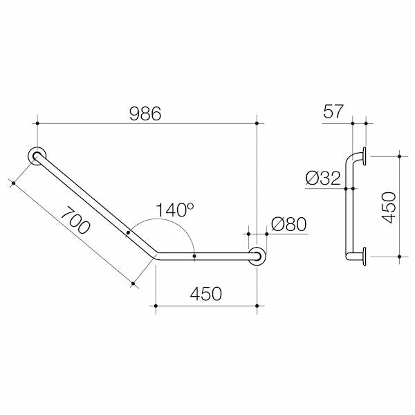 Care Support Grab Rail - 140 Degree Angled 450x700 RH - Stainless Steel