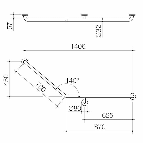 Care Support Grab Rail - 140 Degree Angled 870x700 RH - Stainless Steel