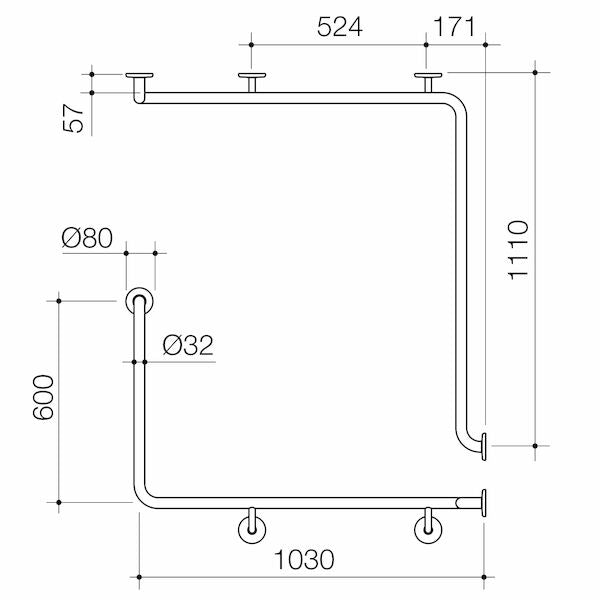 Care Support Grab Rail - 90 Degree Angled 1110x1030x600 RH - Stainless Steel