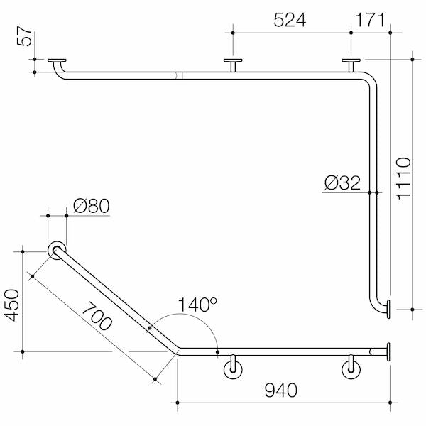 Care Support Grab Rail - 140 Degree Angled 1110x940x700 RH - Stainless Steel