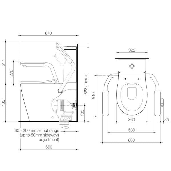 Care 660 Cleanflush Wall Faced Close Coupled Easy Height BI Suite with Nurse Call Armrests Left and Caravelle Single Flap Seat White