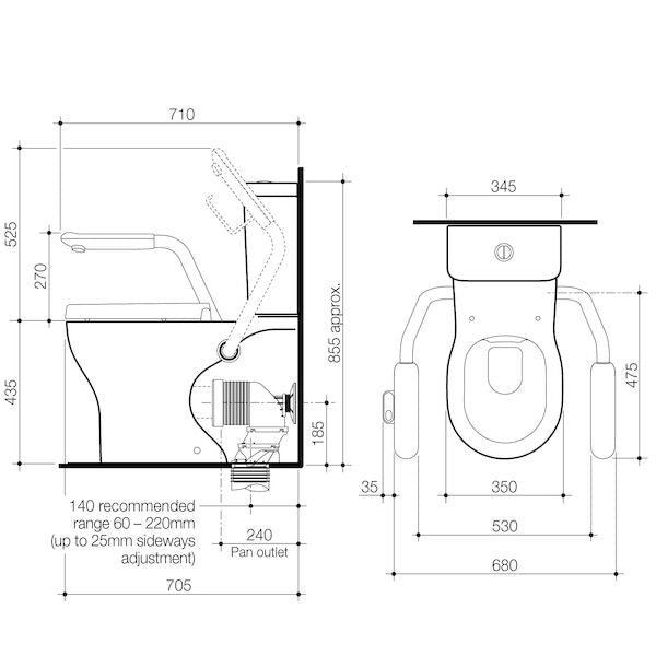 Opal Cleanflush Easy Height WFCC Suite with Double Flap Seat Anthracite Grey and Nurse Call Armrest Right